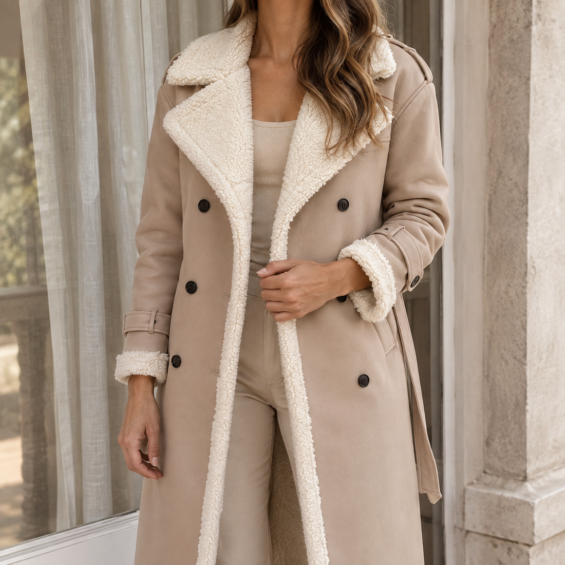 Soledad-Louise Shearling Trim Coat - Beige
