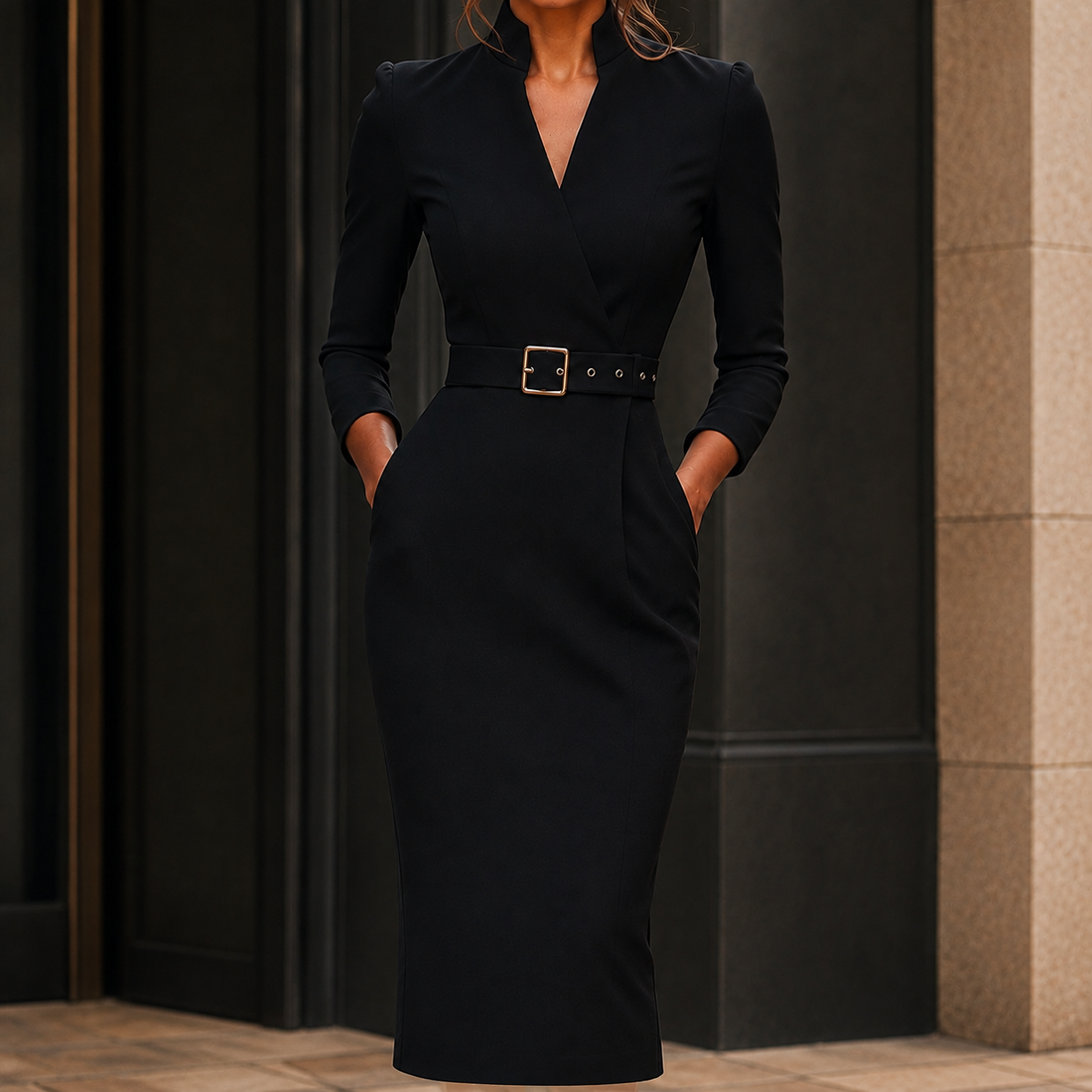 Bernadette Belted Midi Dress - Black