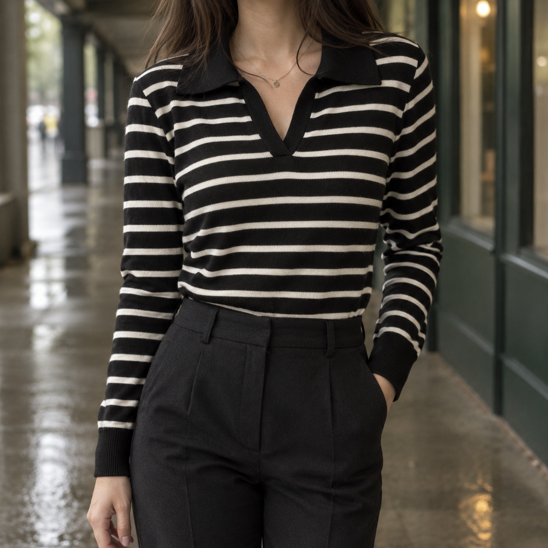 Sidonie-Claire Striped Polo Top - Black Cream
