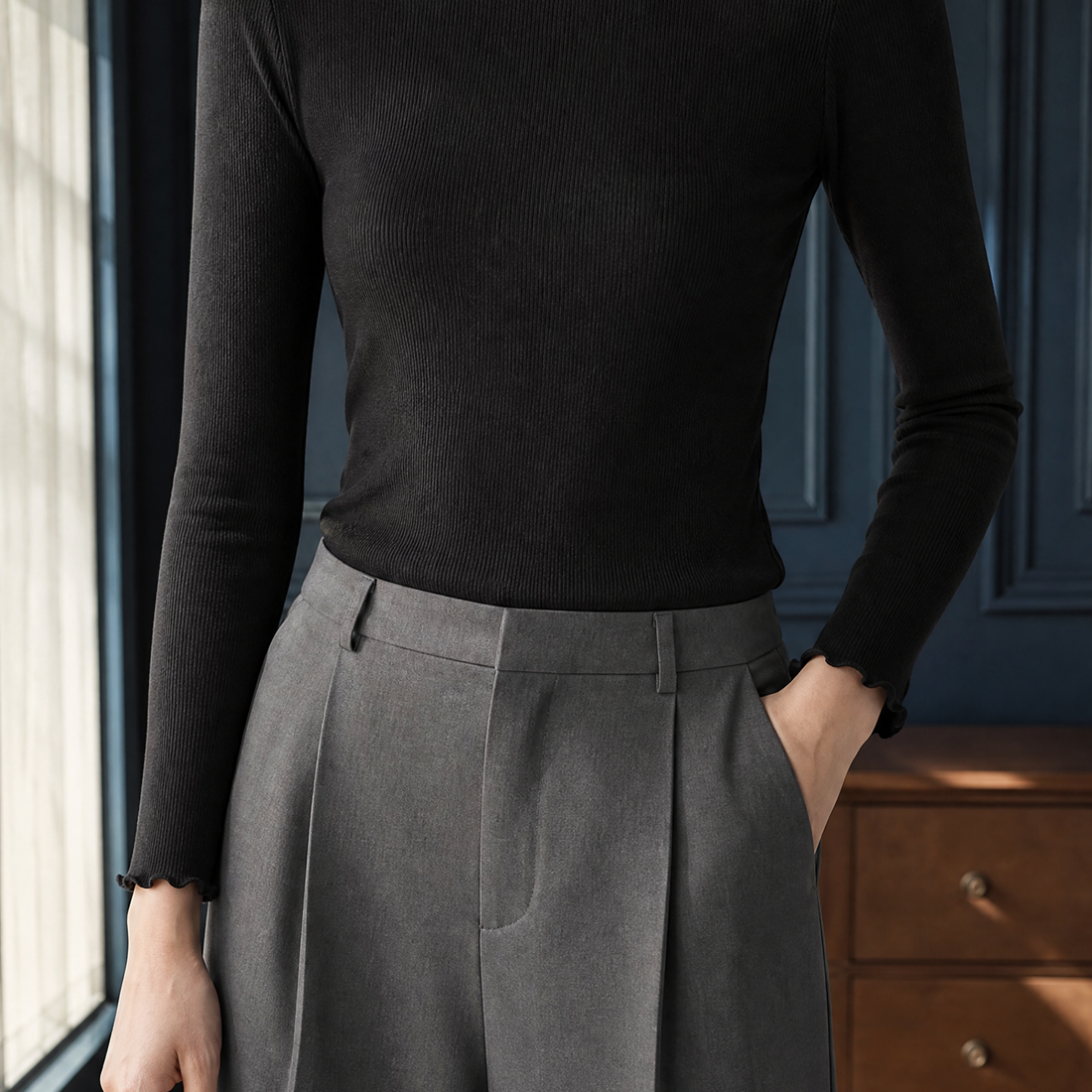 Rowena-Hope Ruffle Neck Sweater - Black