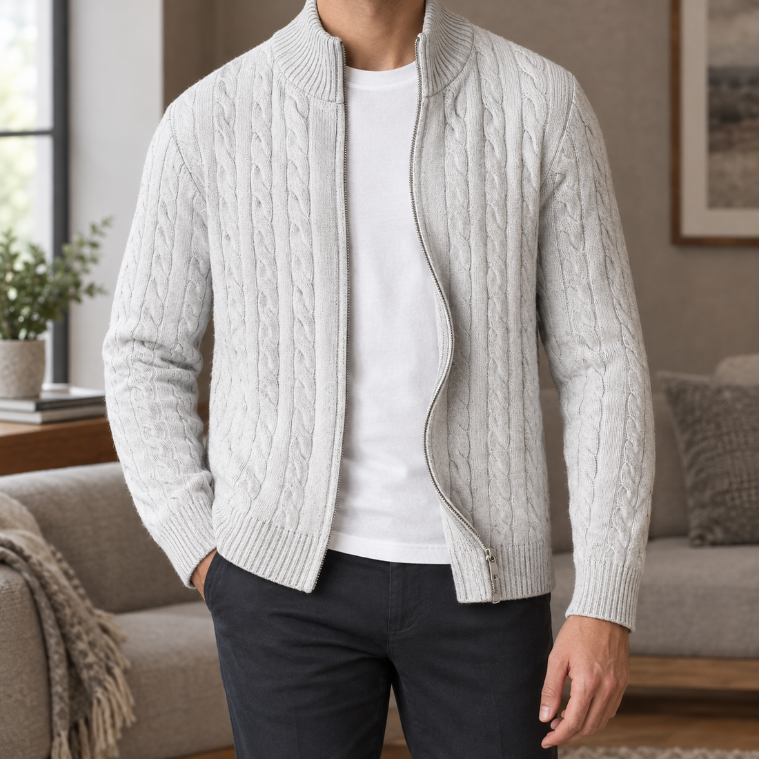 Victor-Ellis Cable Knit Jacket - White-gray