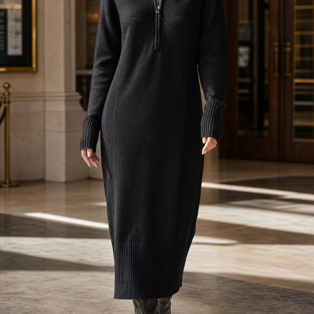 Melisande-Marie Quarter Zip Dress - Black