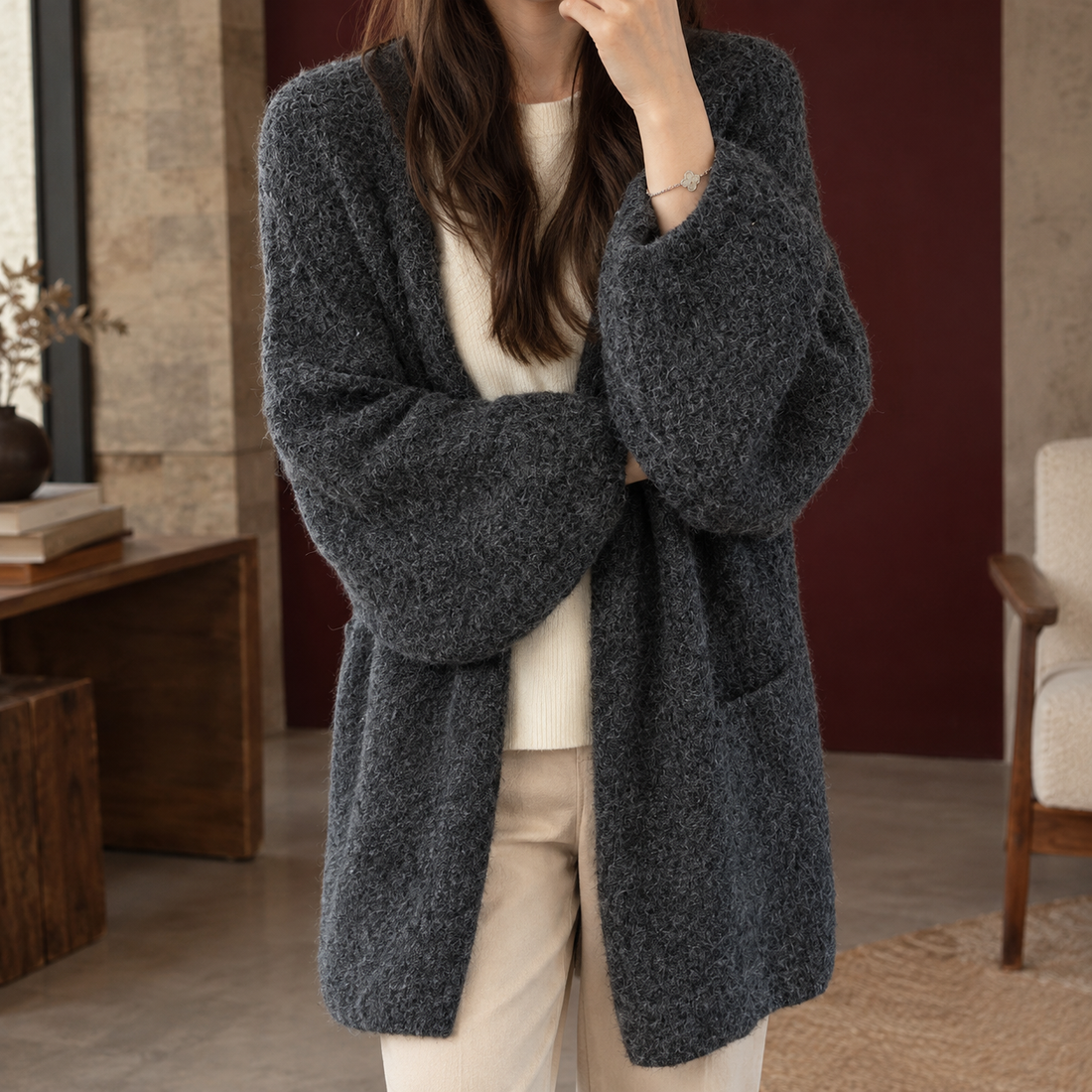 Hannah V Neck Cardigan - Dark Gray