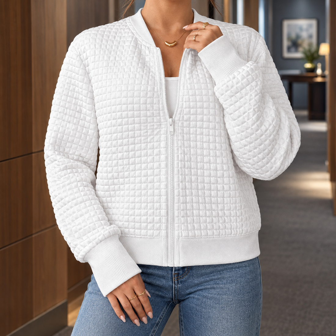 Olive Quilted Bomber Jacket - White