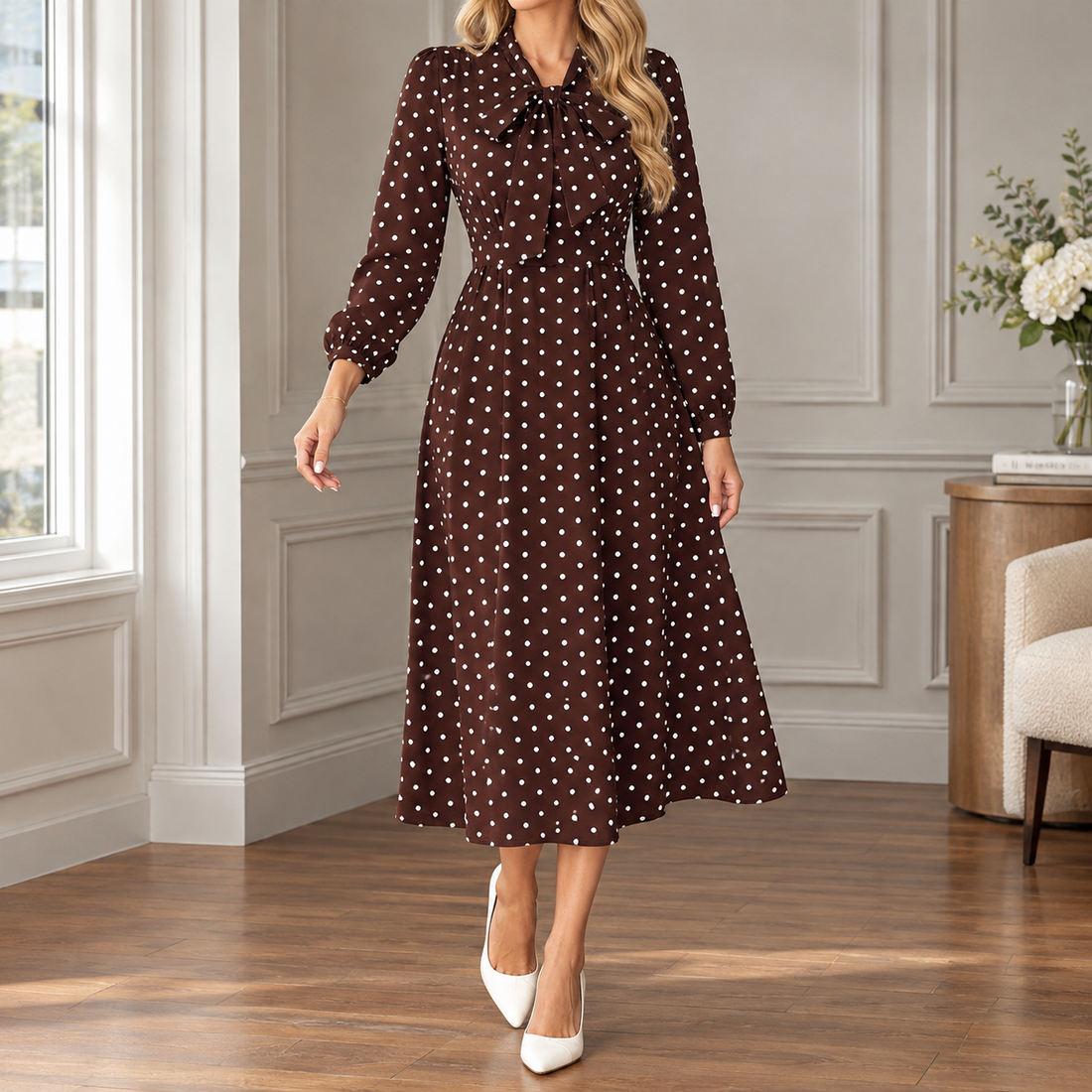 Cleo-Lane Bow Neck Dress - Coffee Brown