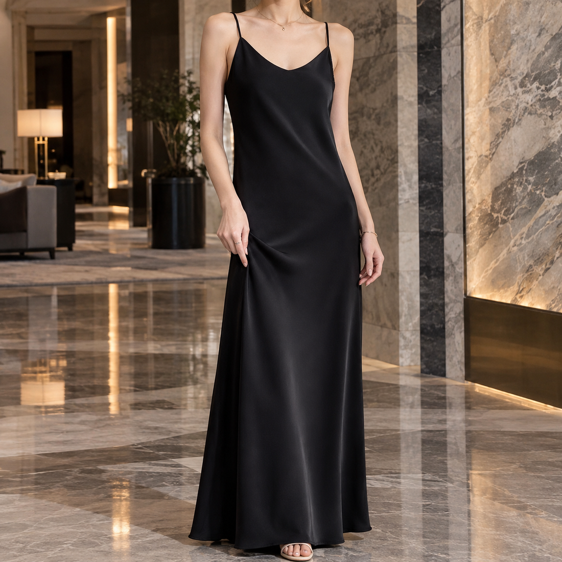 Catriona Satin Slip Dress - Black