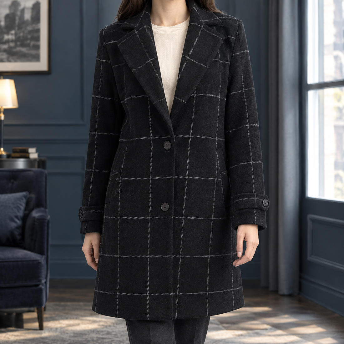 Arabella-Elise Windowpane Coat - Black