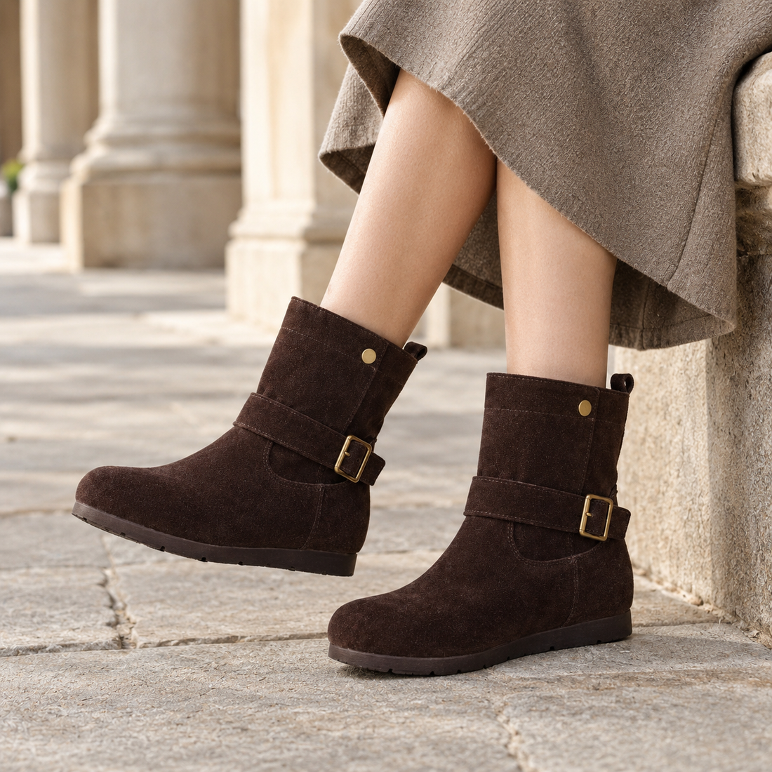 Cardini Suede Buckle Boots - Dark Brown
