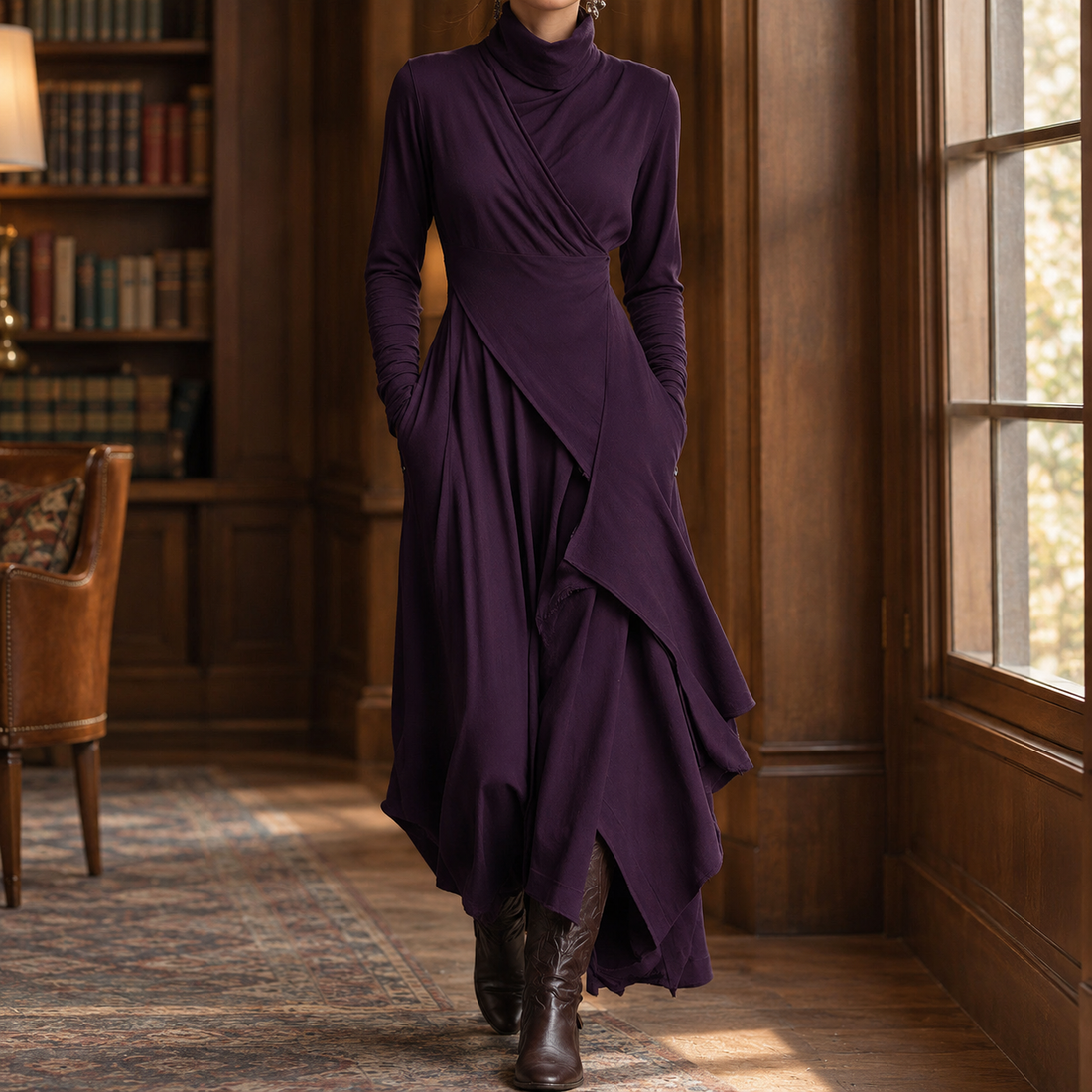 Seraphina-Pearl Draped Turtleneck Dress - Purple