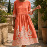Xenia Embroidered Midi Dress - Coral