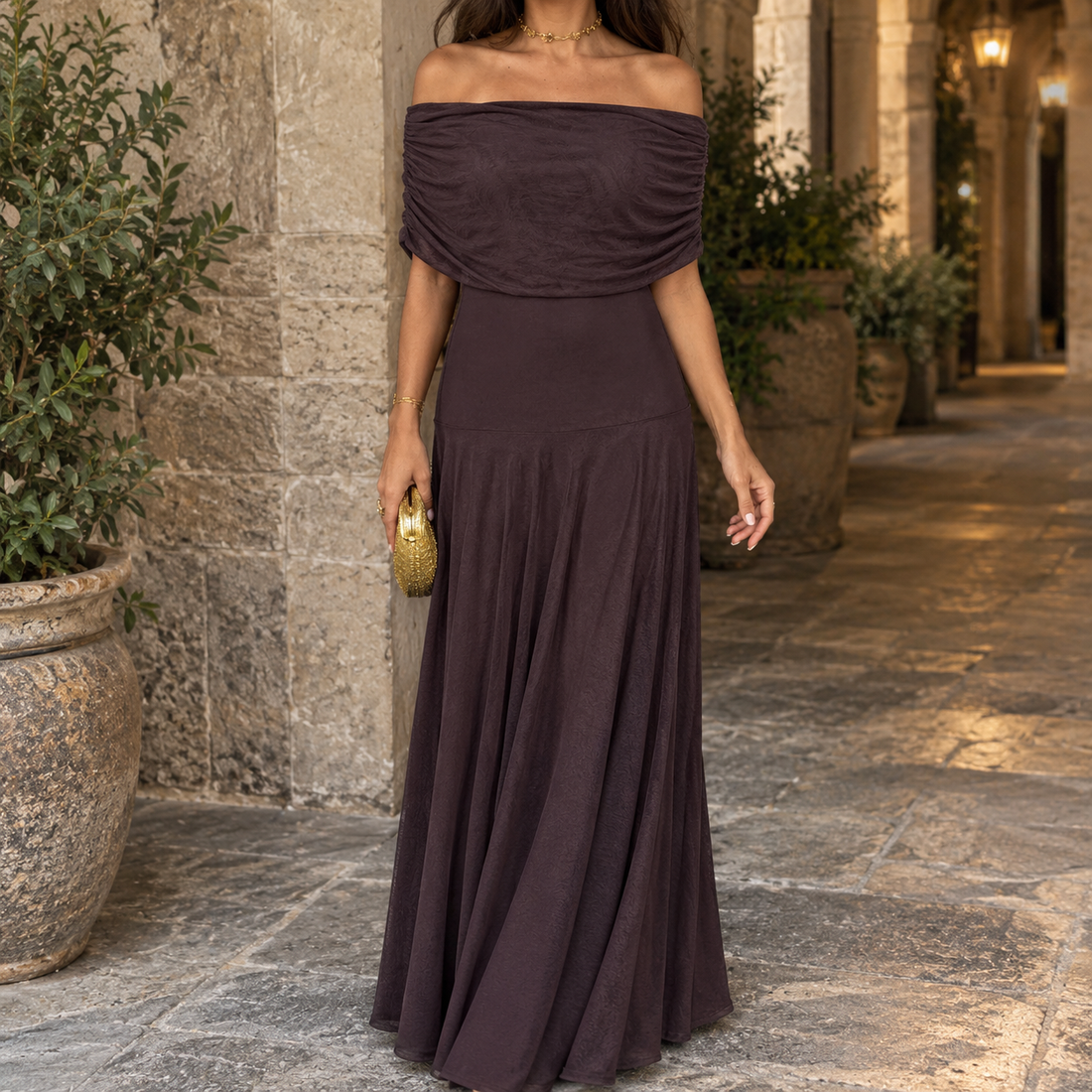 Bianca-Jade Off-Shoulder Maxi Dress - Chocolate Brown