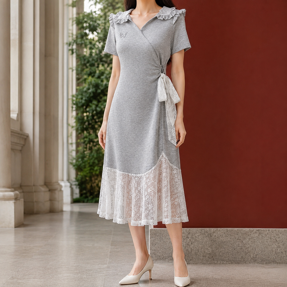 Xaviera Lace Midi Dress - Gray