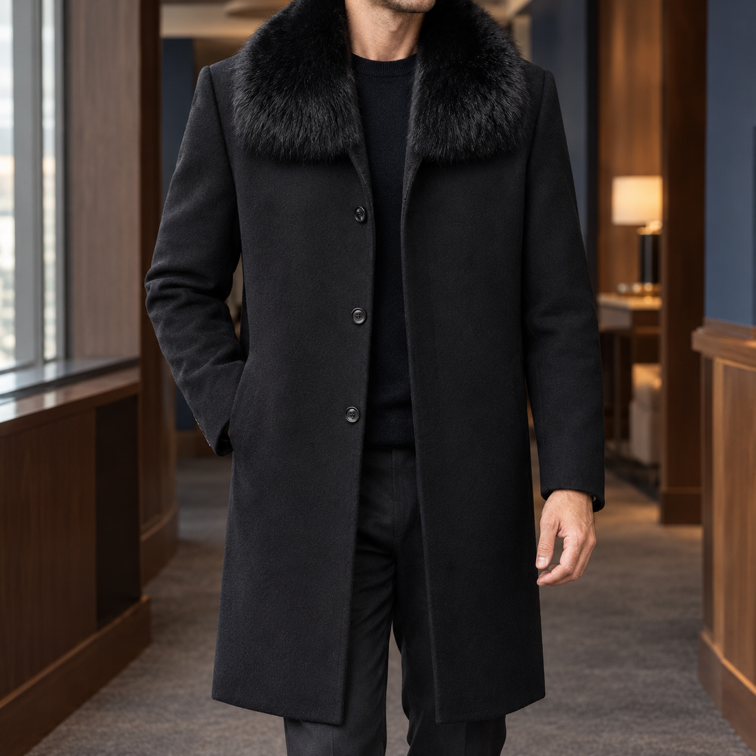 Aldous-James Plush Collar Overcoat - Black