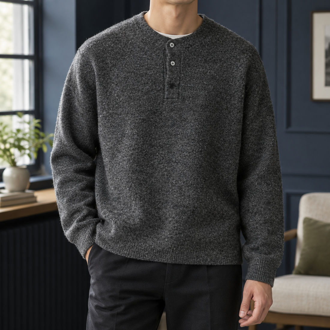 Louis-Wren Henley Sweater - Carbon Gray