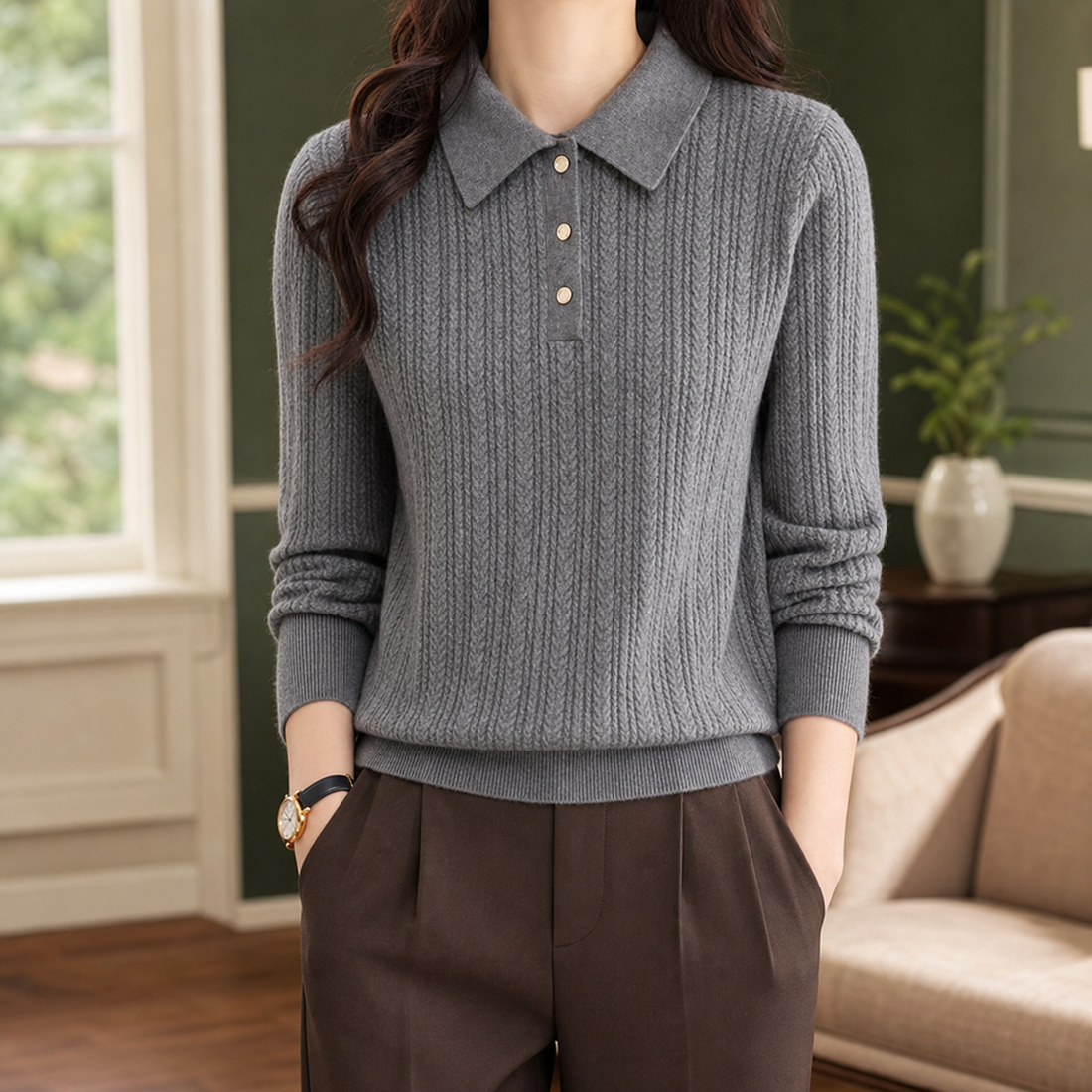 Madeline-Jane Cable Knit Sweater - Gray