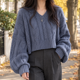 Elena-Belle V Neck Sweater - Sea Blue