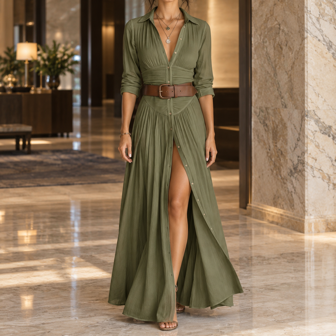 Genevieve-Mae Ruched Maxi Dress - Dark Green