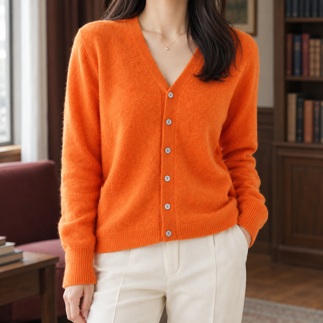 Thea V Neck Cardigan - Orange