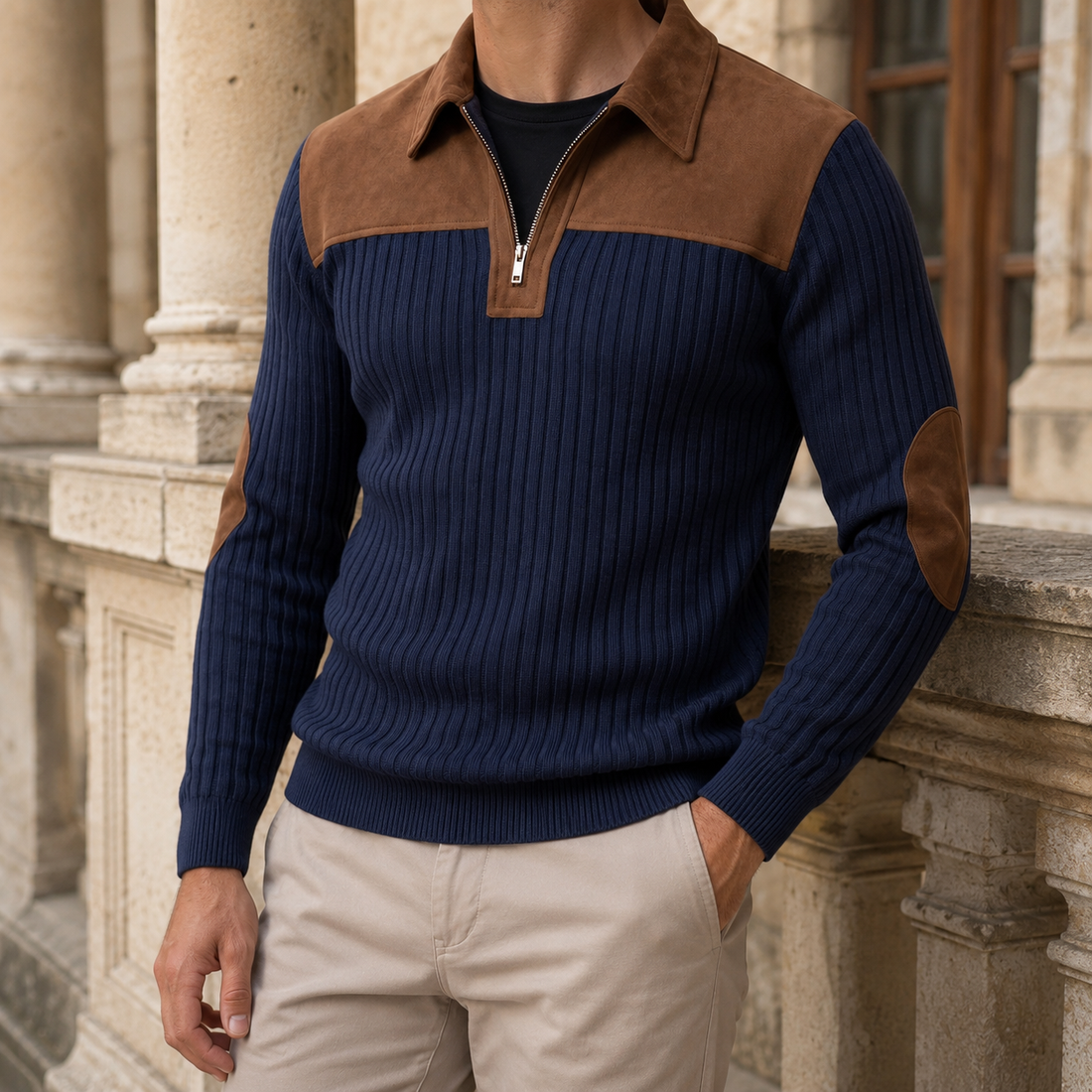 Marcel-Rhys Quarter Zip Sweater - Navy Blue