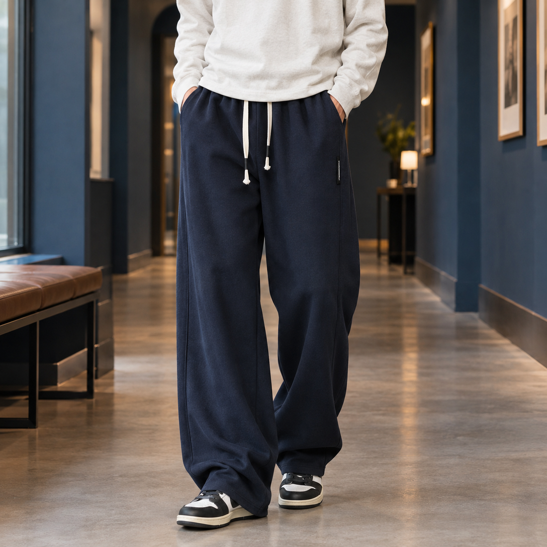 Bartholomew-Grey Wide Leg Pants - Navy Blue
