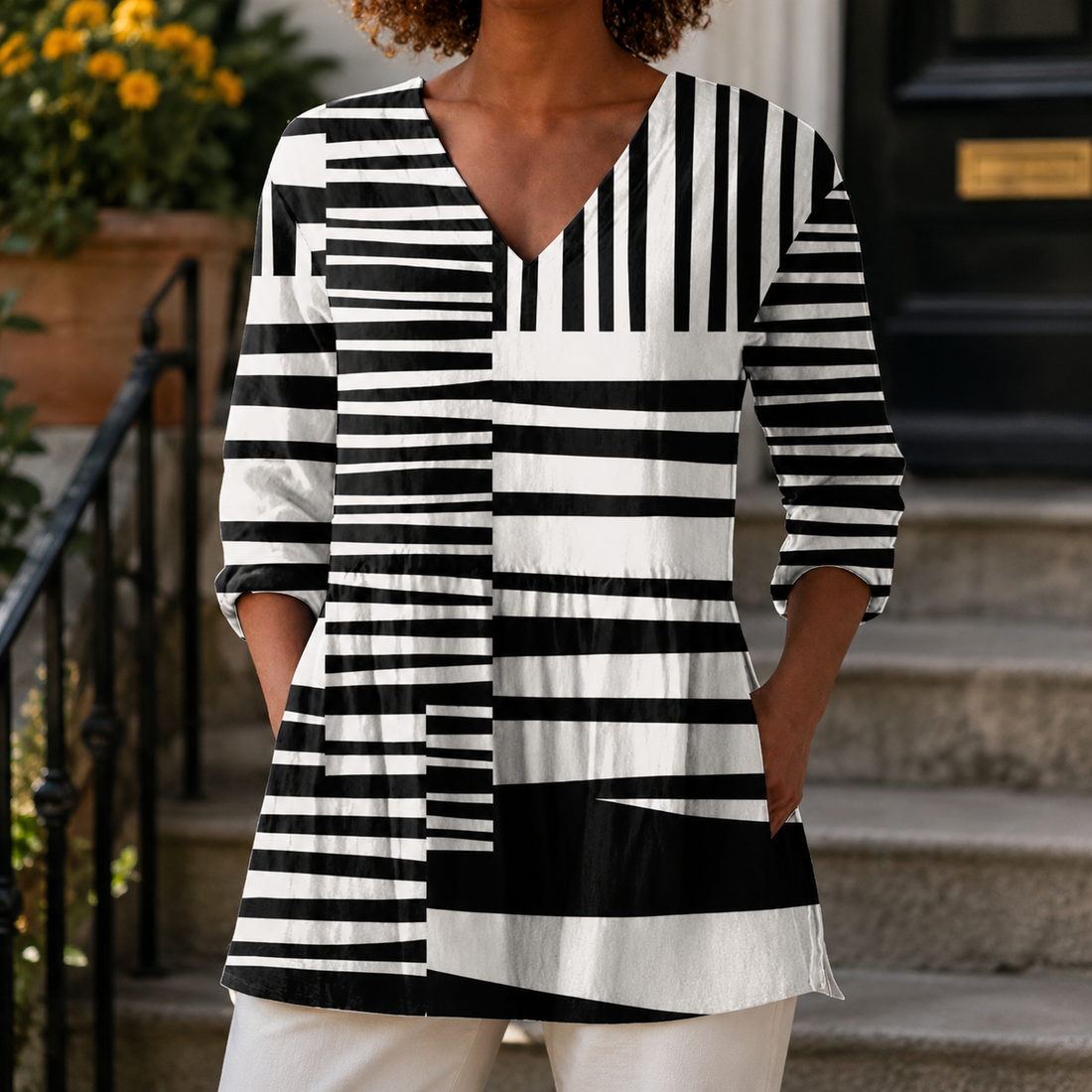 Ada-Rose V-Neck Blouse - Black White