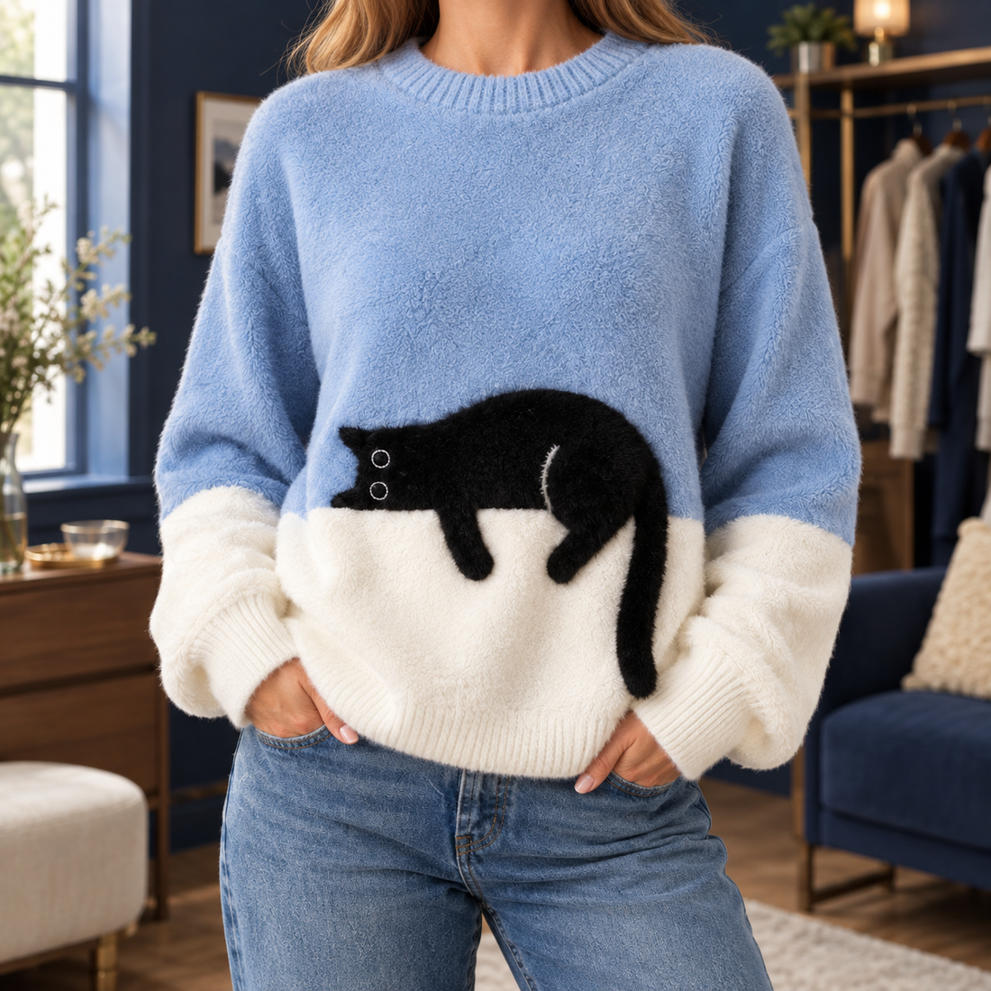 Edith-Rose Cat Sweater - Light Blue