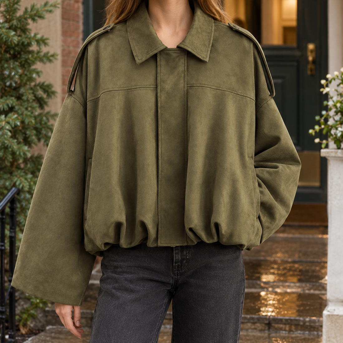Katherine-Jane Suede Bomber Jacket - Army Green