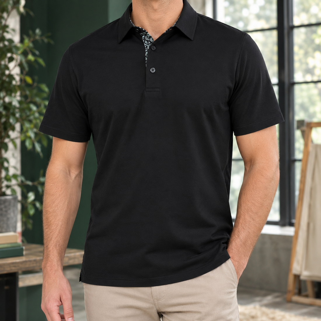 Ilario-Tate Contrast Collar Polo - Black