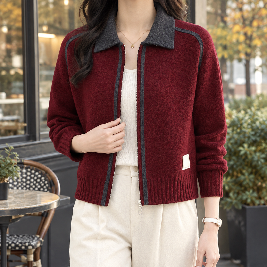 Joy-Belle Zip Sweater - Red