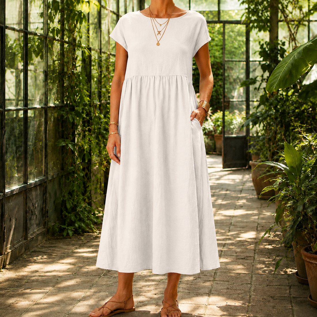 Estella Gathered Midi Dress - White