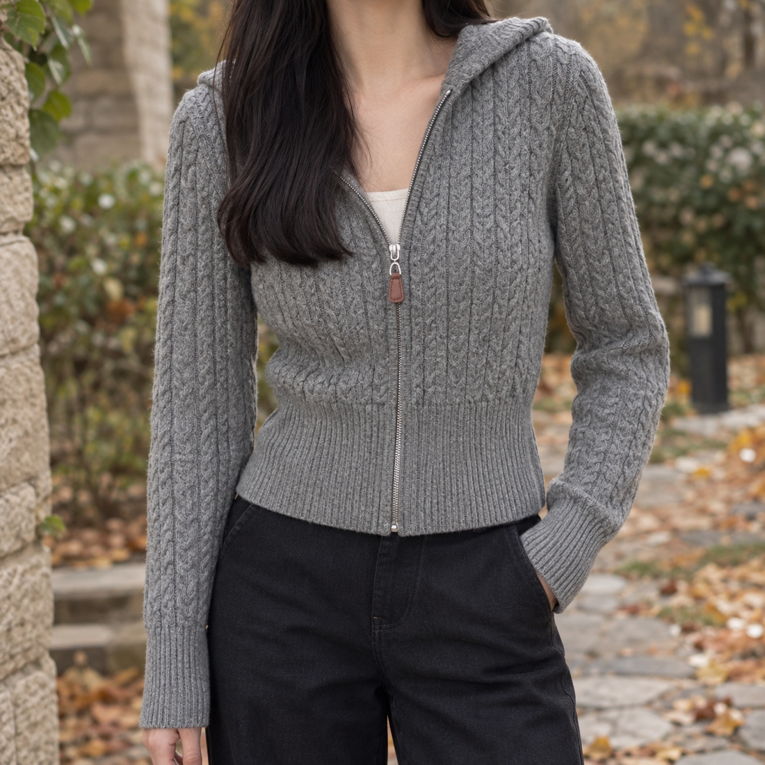 Estelle-Belle Cable Knit Cardigan - Gray