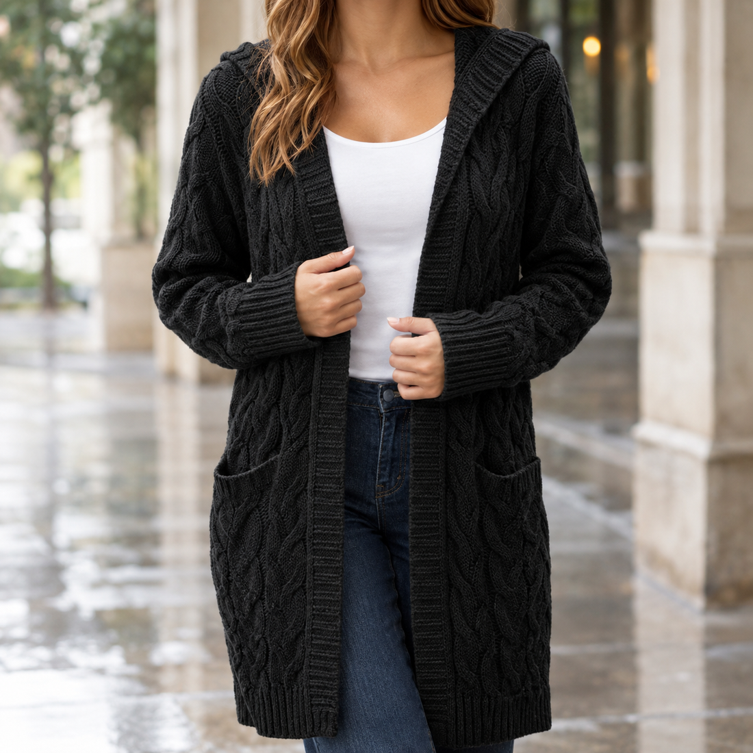 Madeline-Faye Cable Knit Cardigan - Black