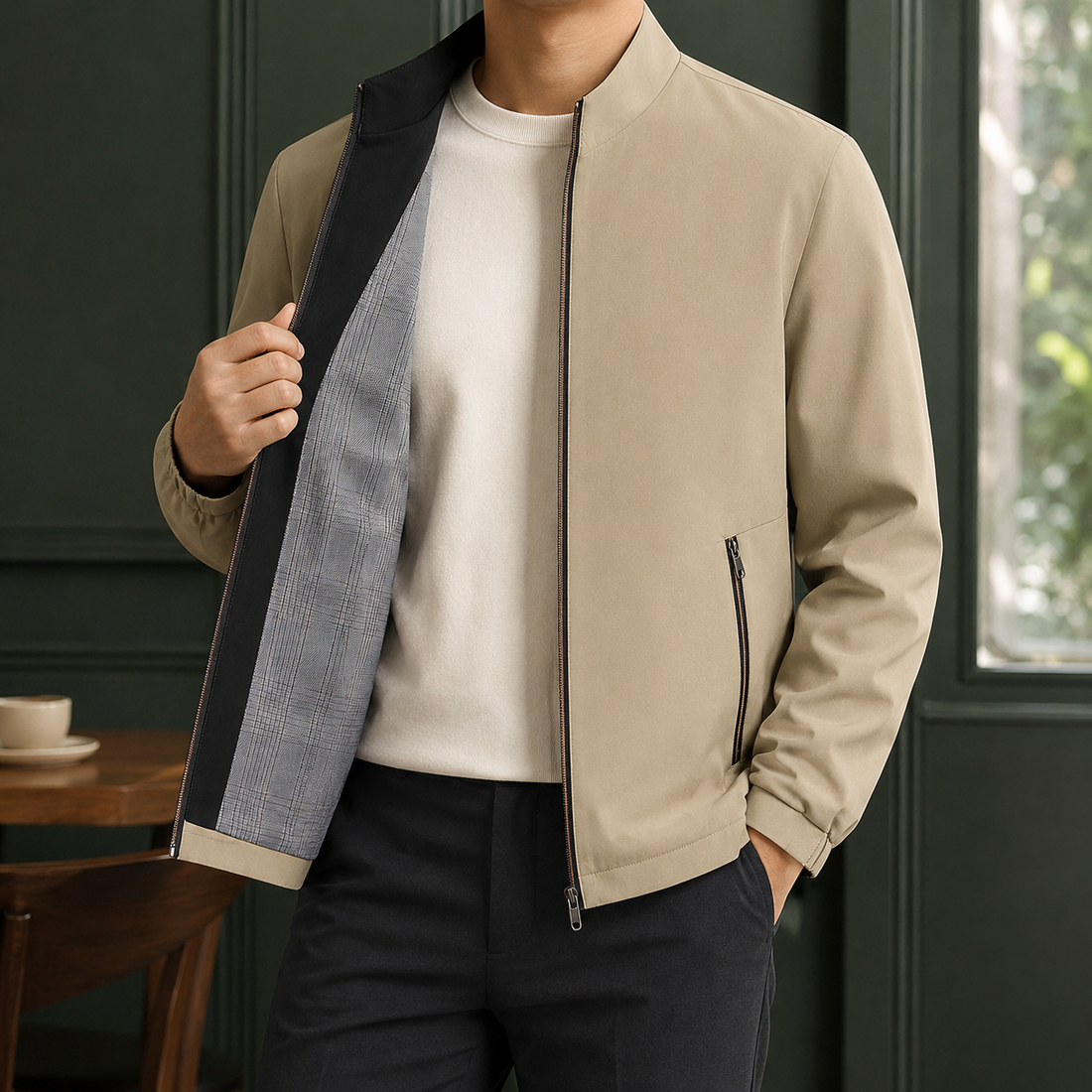 Theodric Stand Collar Jacket - Three Pocket Khaki