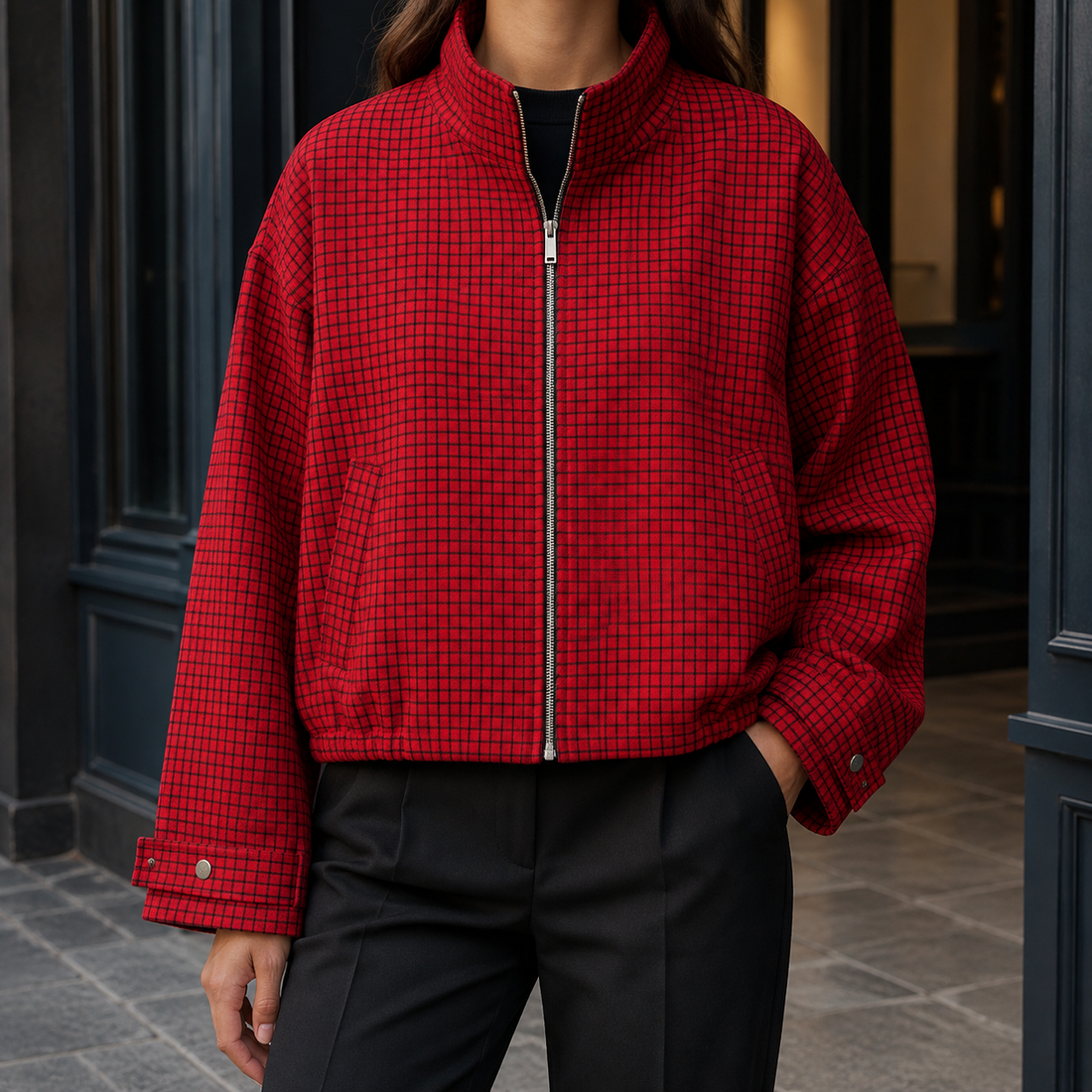 Candela-Grace Checked Bomber Jacket - Red