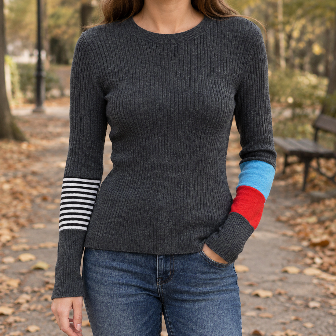 Berenice-Grace Contrast Cuff Sweater - Striped Gray