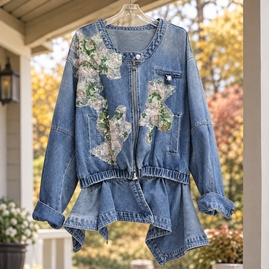 Eliza-Lane Floral Denim Jacket - Blue