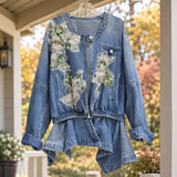 Eliza-Lane Floral Denim Jacket - Blue
