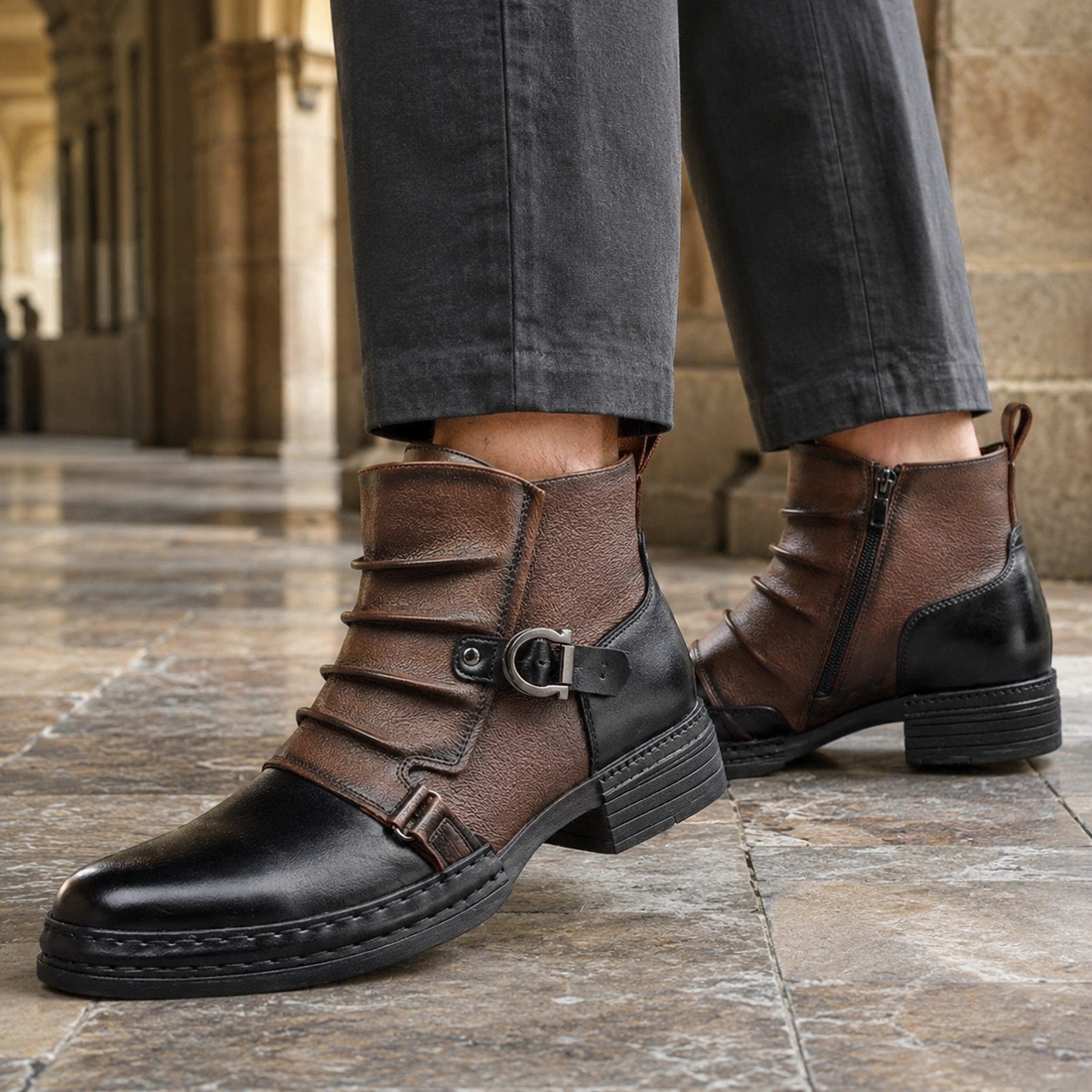 Cecconi Buckle Ankle Boots - Chestnut & Black Toe