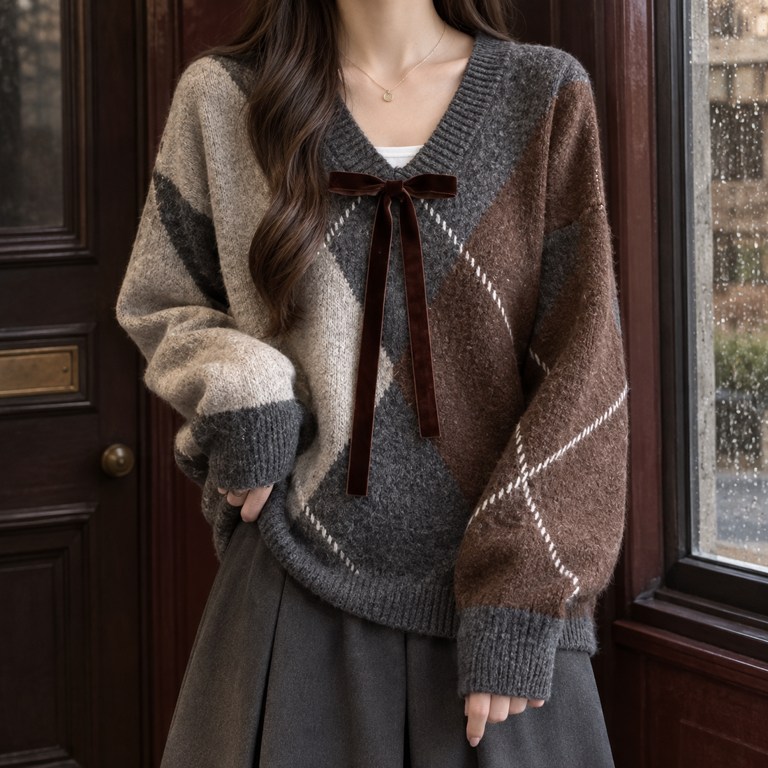 Lola-Belle Argyle Sweater - Gray