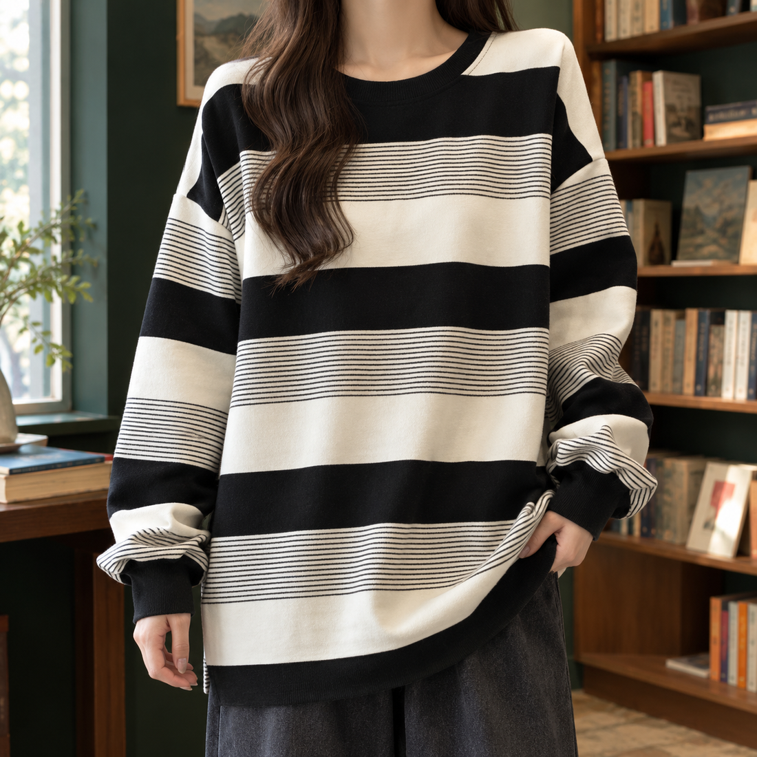 Annika-Pearl Striped Top - Black Stripes