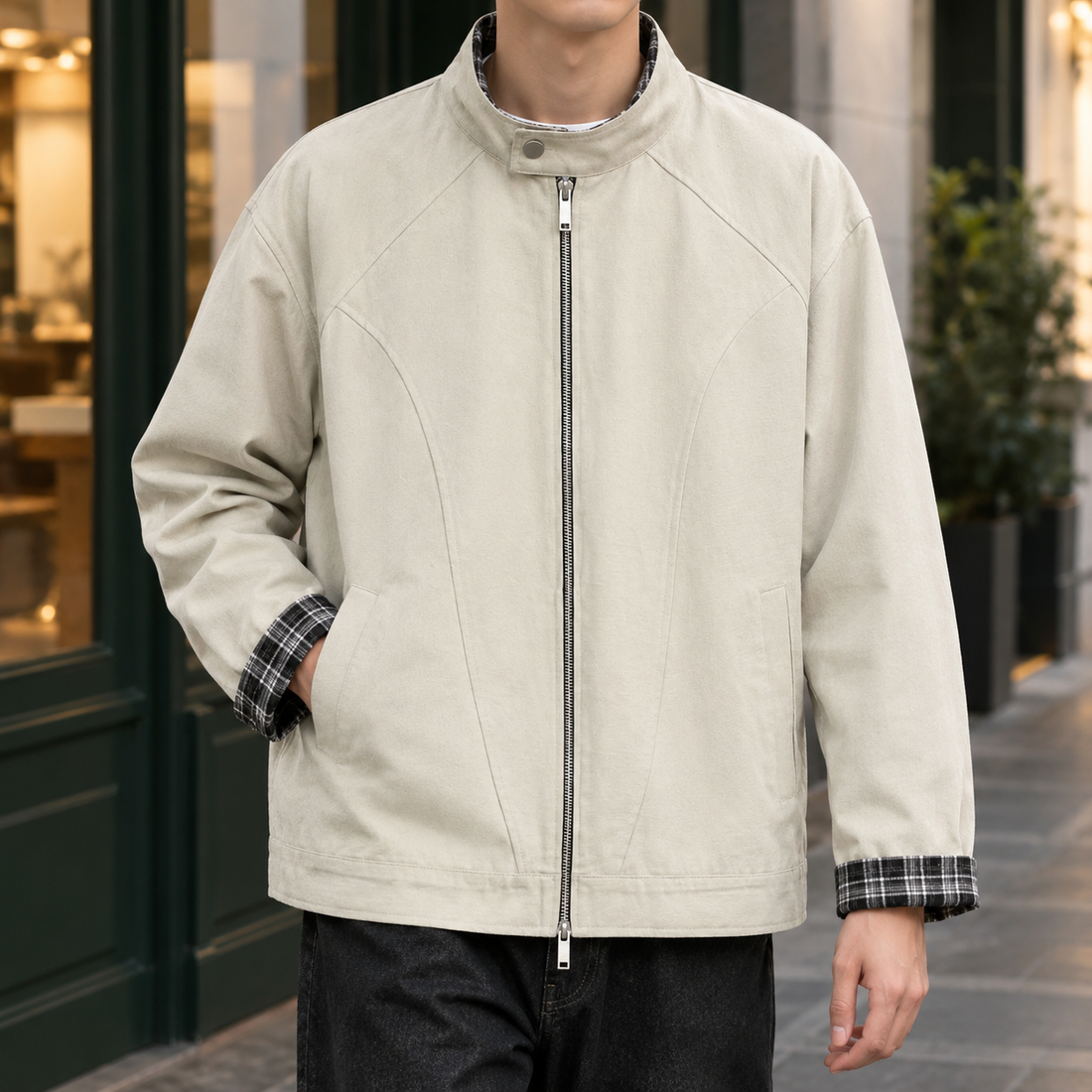 Samson-Rhys Stand Collar Jacket - White Gray