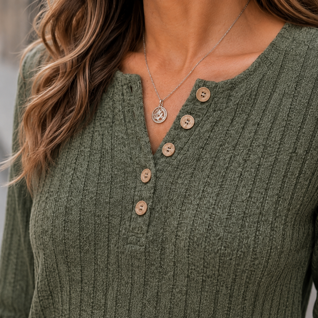 Maia-Jade Ribbed Henley Top - Lead Product Detail