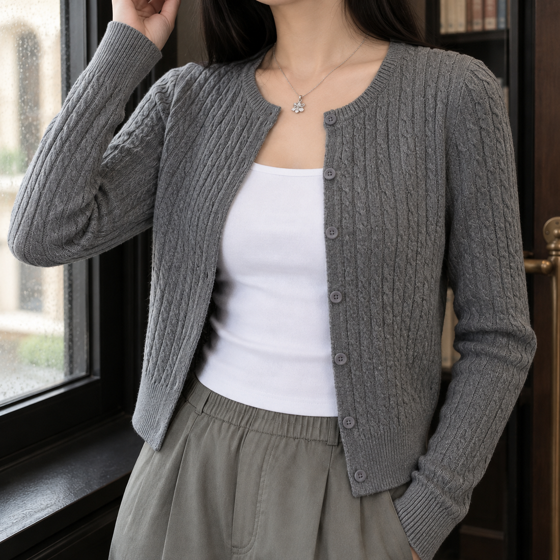 Gwendolen-Lane Cable Knit Cardigan - Lead Product Detail