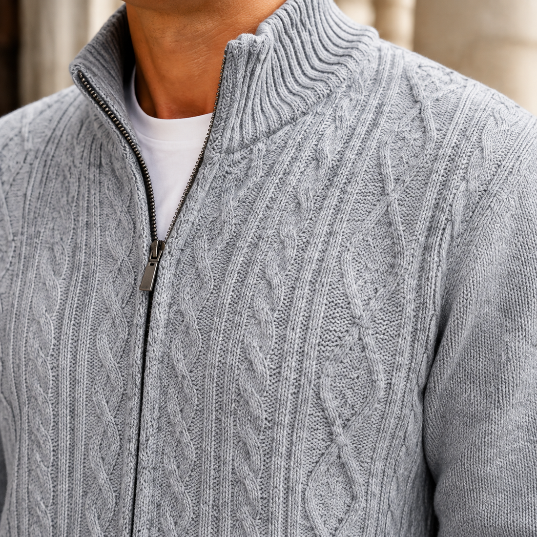 Percival-Grey Cable Knit Cardigan - Lead Product Detail