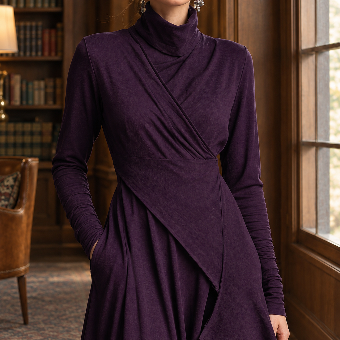 Seraphina-Pearl Draped Turtleneck Dress - Lead Product Detail