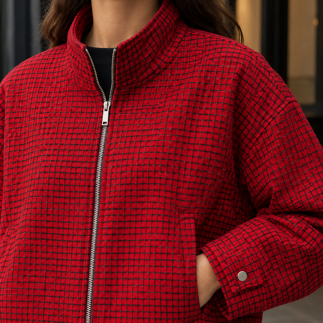 Candela-Grace Checked Bomber Jacket - Lead Product Detail