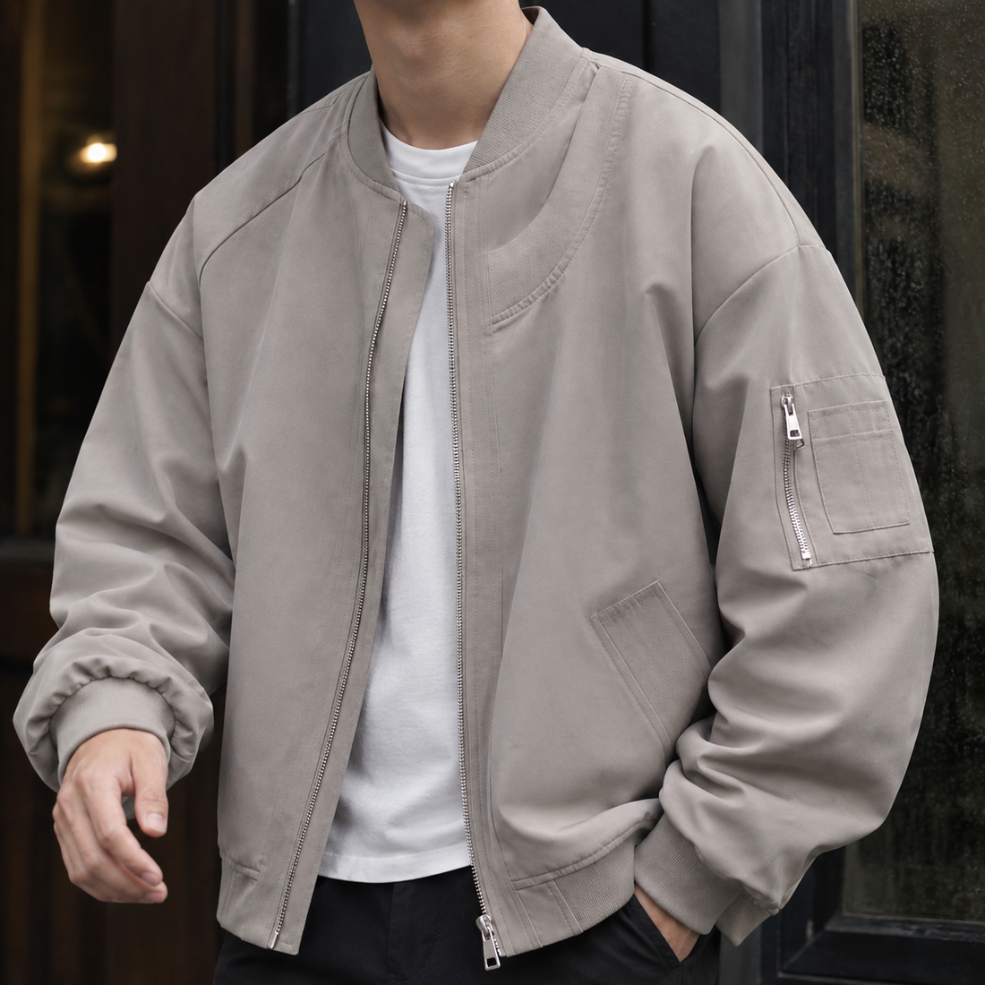 Edmund-Grey Oversized Bomber Jacket - Lead Product Detail