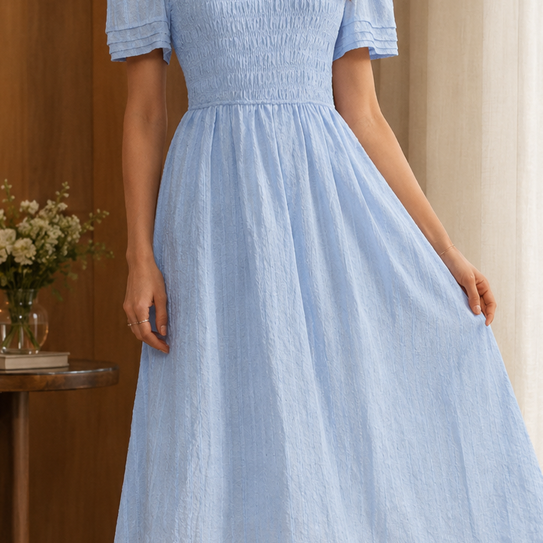 Valentina-Faye Smocked Midi Dress - Lead Product Detail