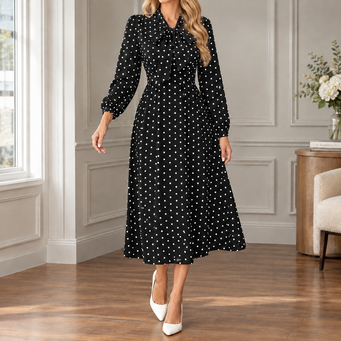 Cleo-Lane Bow Neck Dress - Black