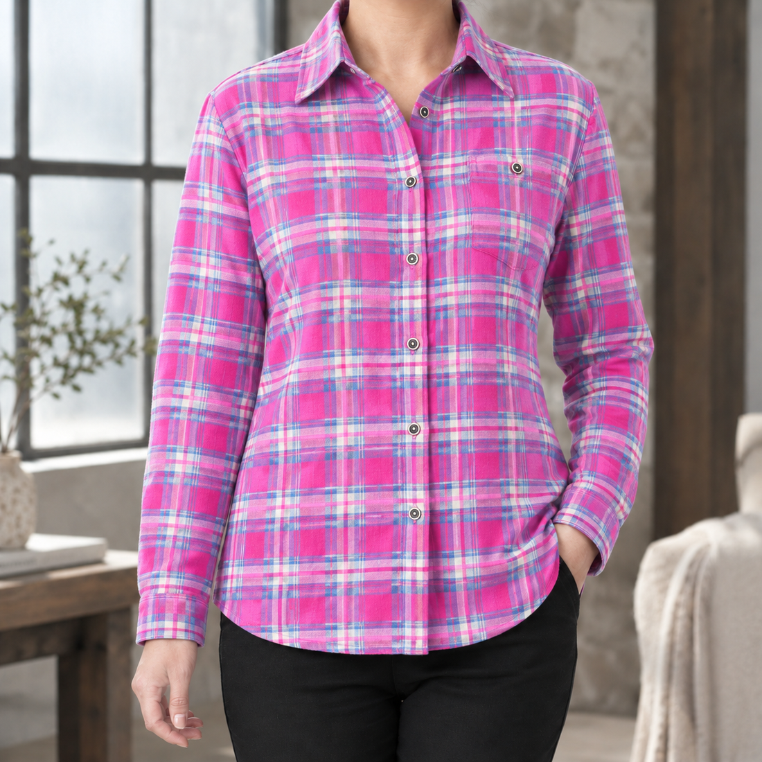 Josephine-Rae Relaxed Plaid Shirt - Pink Plaid